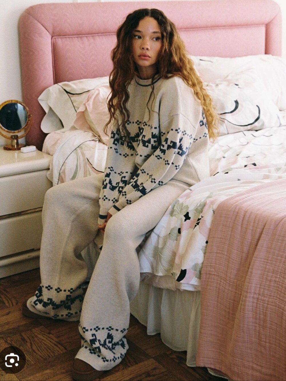 Cream Patterned Crewneck Sweater And Pants